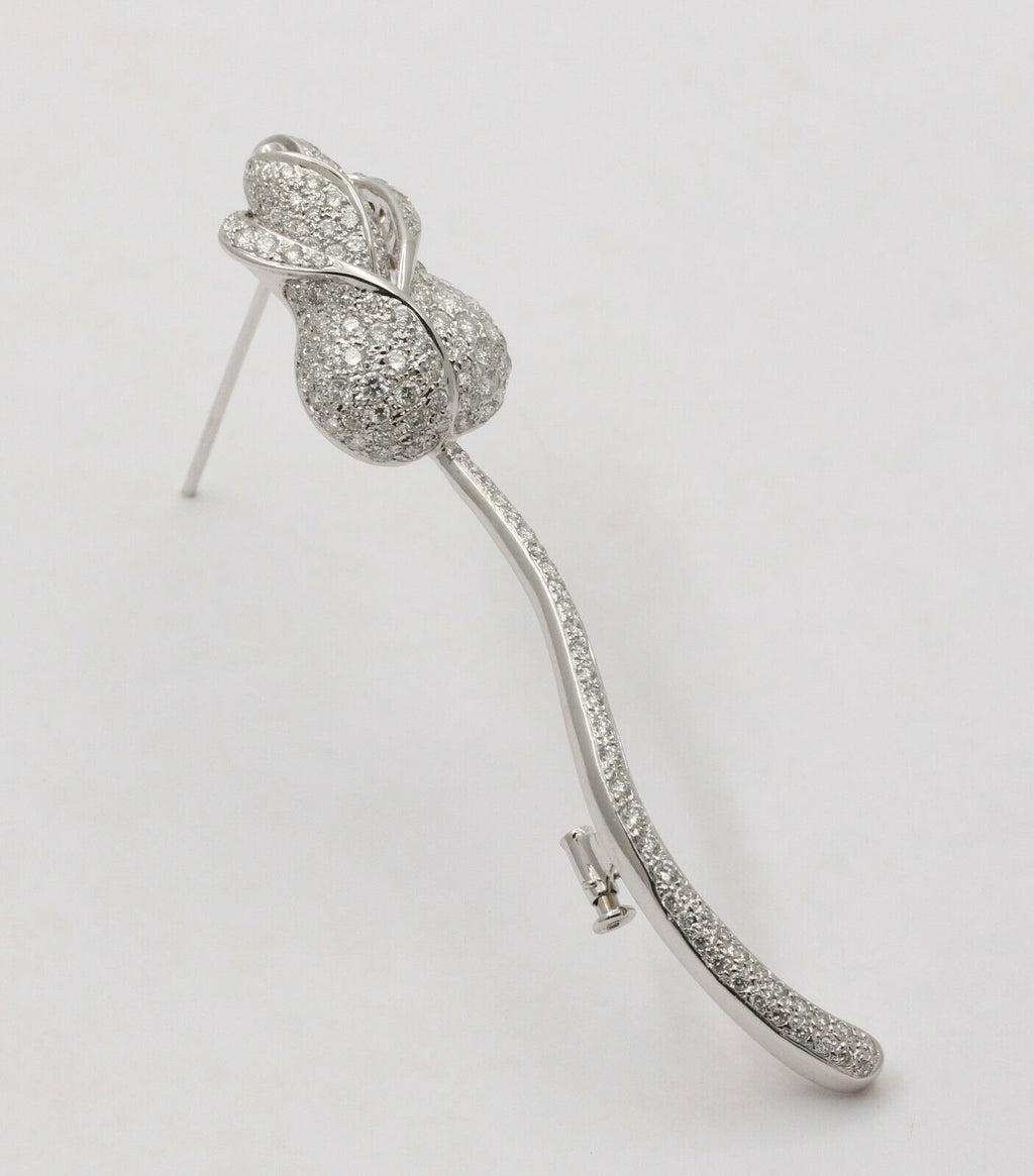 Vintage Estate Elegant Rose Flower Brilliant Cut Diamonds 18K White Gold Brooch,