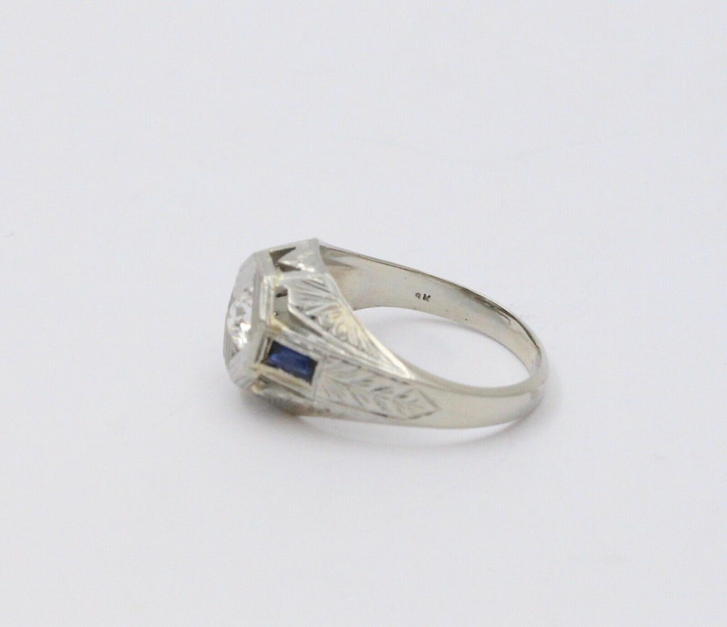 Antique Art Deco 14K White Gold Diamond & Sapphire Ring, Engagement Ring.