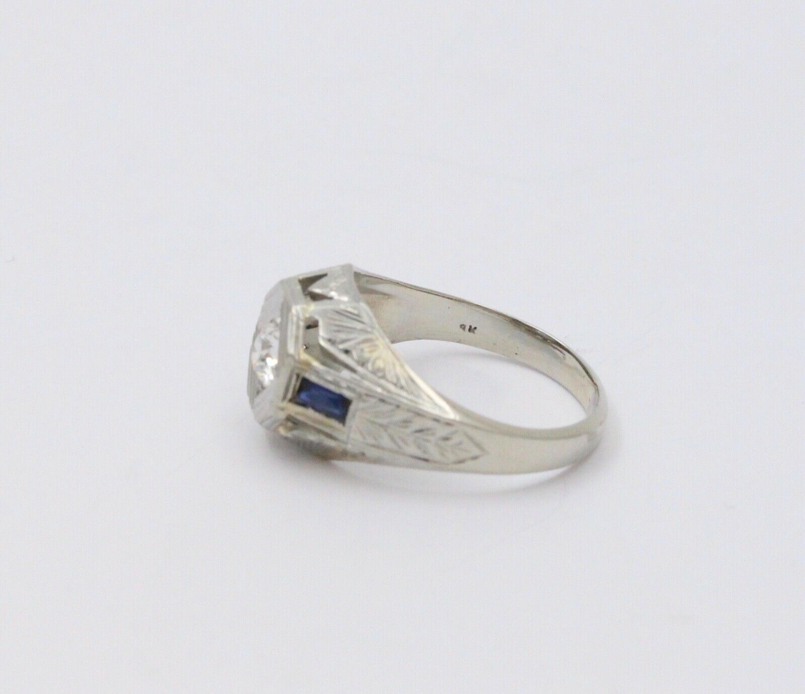 Antique Art Deco 14K White Gold Diamond & Sapphire Ring, Engagement Ring.