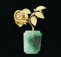 Vintage Heavy Custom Made 18K Yellow Gold Diamond Jade Rose Flower Pot Brooch