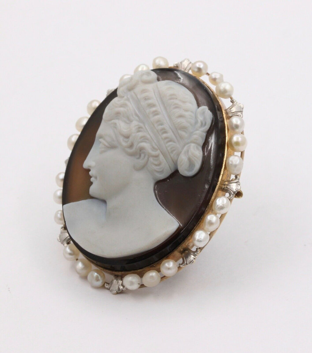 Victorian Agate Cameo Pearls 14K Rose Gold Brooch Pin