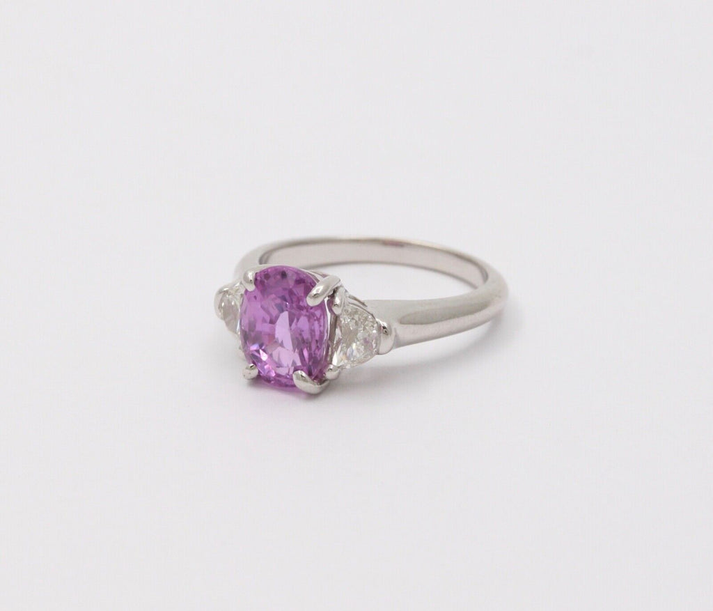Classic Pink Sapphire and Half Moon Diamond 14K White Gold Ring, Engagement Ring