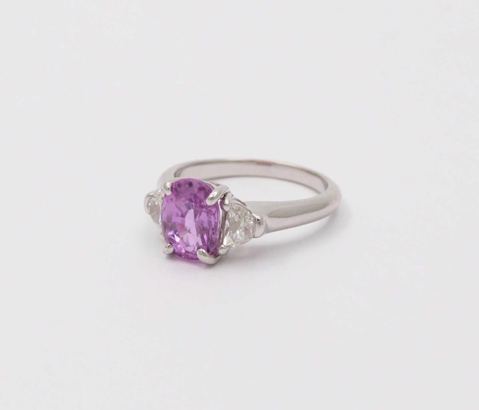 Classic Pink Sapphire and Half Moon Diamond 14K White Gold Ring, Engagement Ring