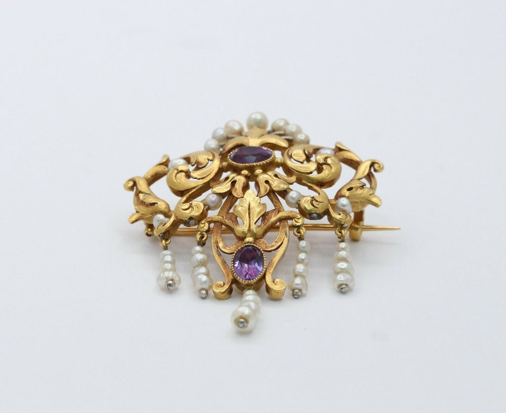 French Victorian 18K Yellow Gold Floral Amethyst Pearl Brooch
