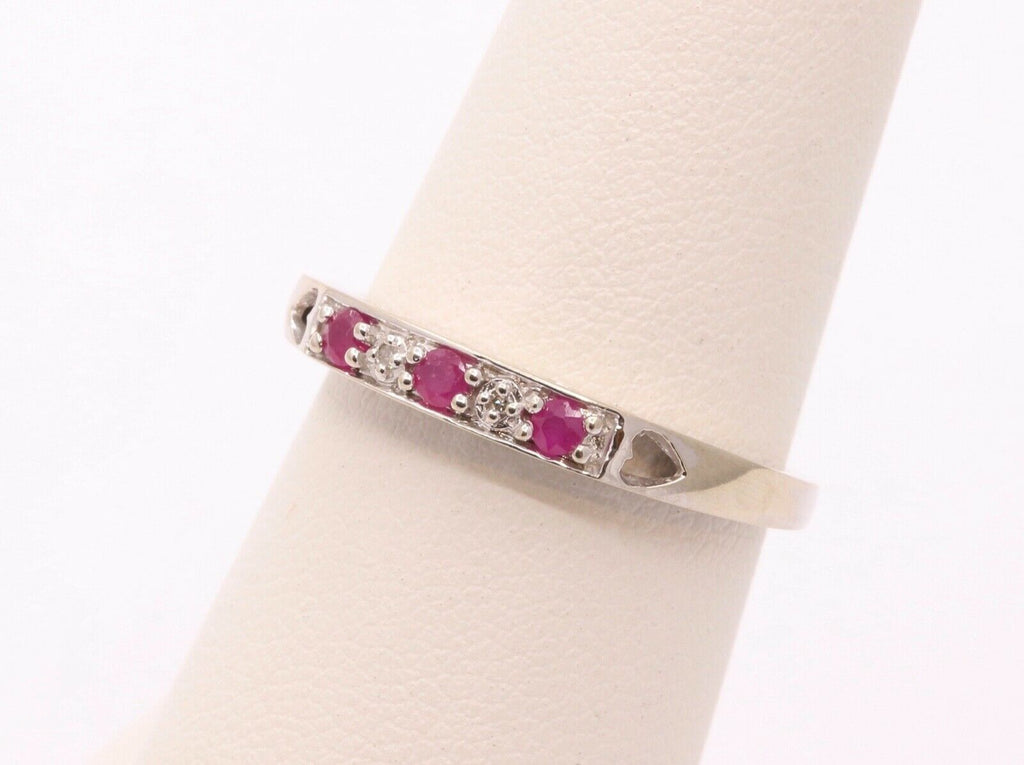Vintage "I Love You" Ring with Rubies and Diamonds 10K White Gold with Hearts