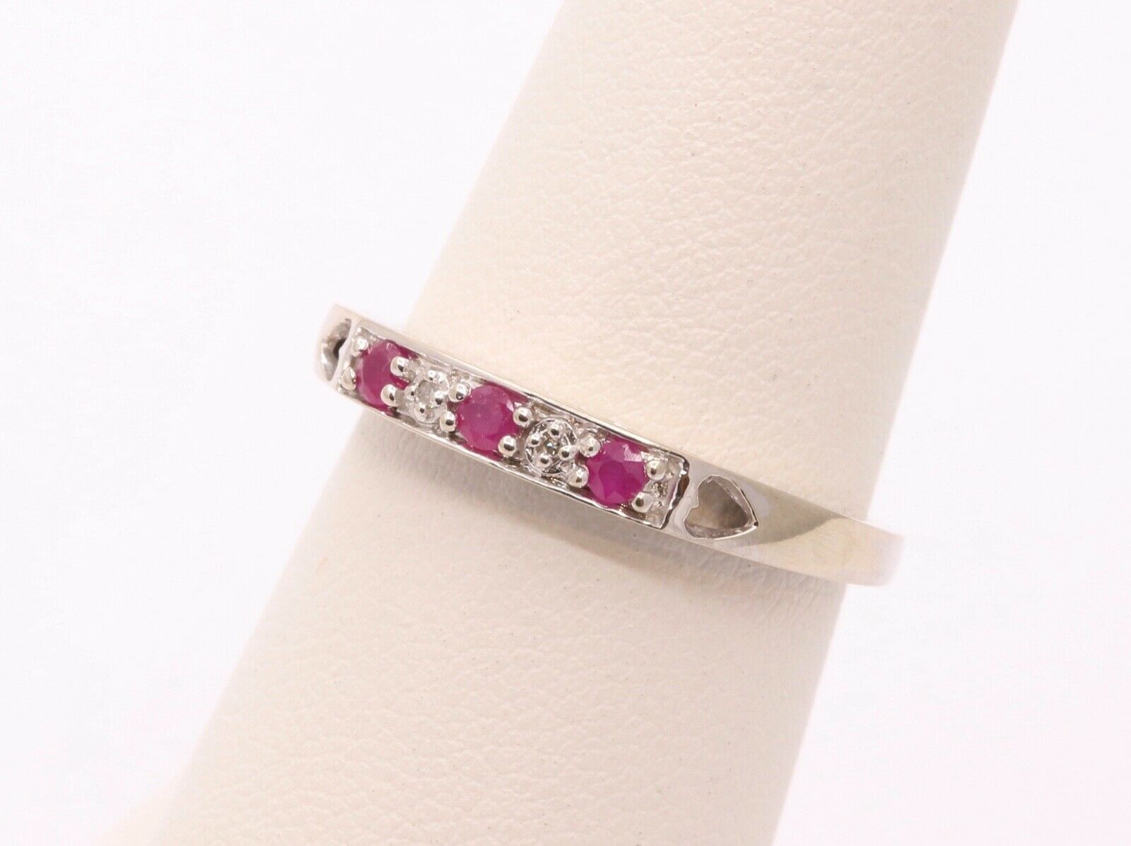 Vintage "I Love You" Ring with Rubies and Diamonds 10K White Gold with Hearts