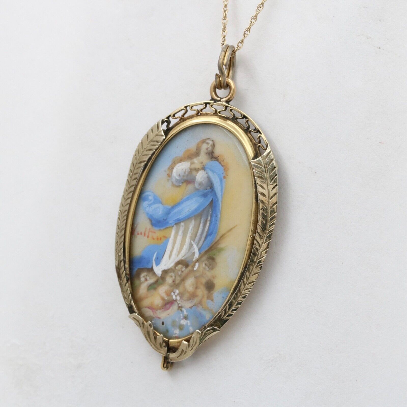 Antique Virgin Mary and Cherubs Portrait 18K YG WG Pendant