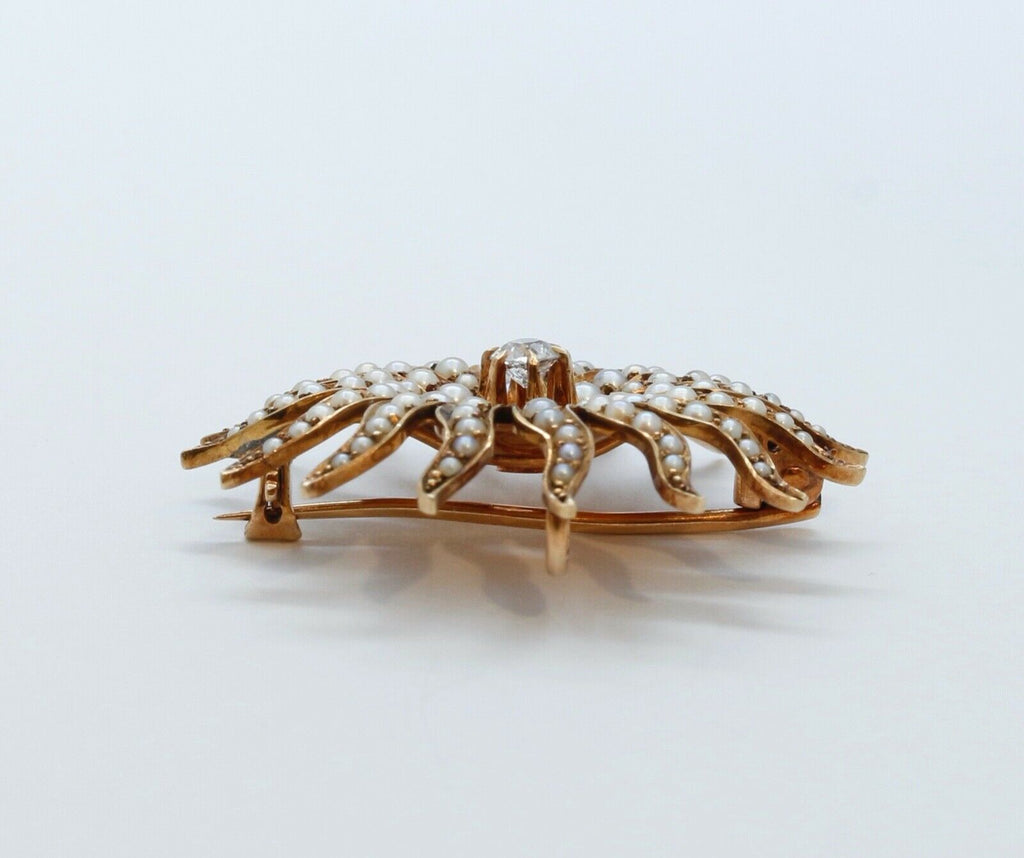 Victorian Shreve and Co Starburst 14K Yellow Gold Diamond Seed Pearls Brooch Pin