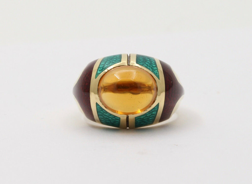 Unique Estate Mavito Citrine Guilloche Enamel 18K Gold Dome Ring,