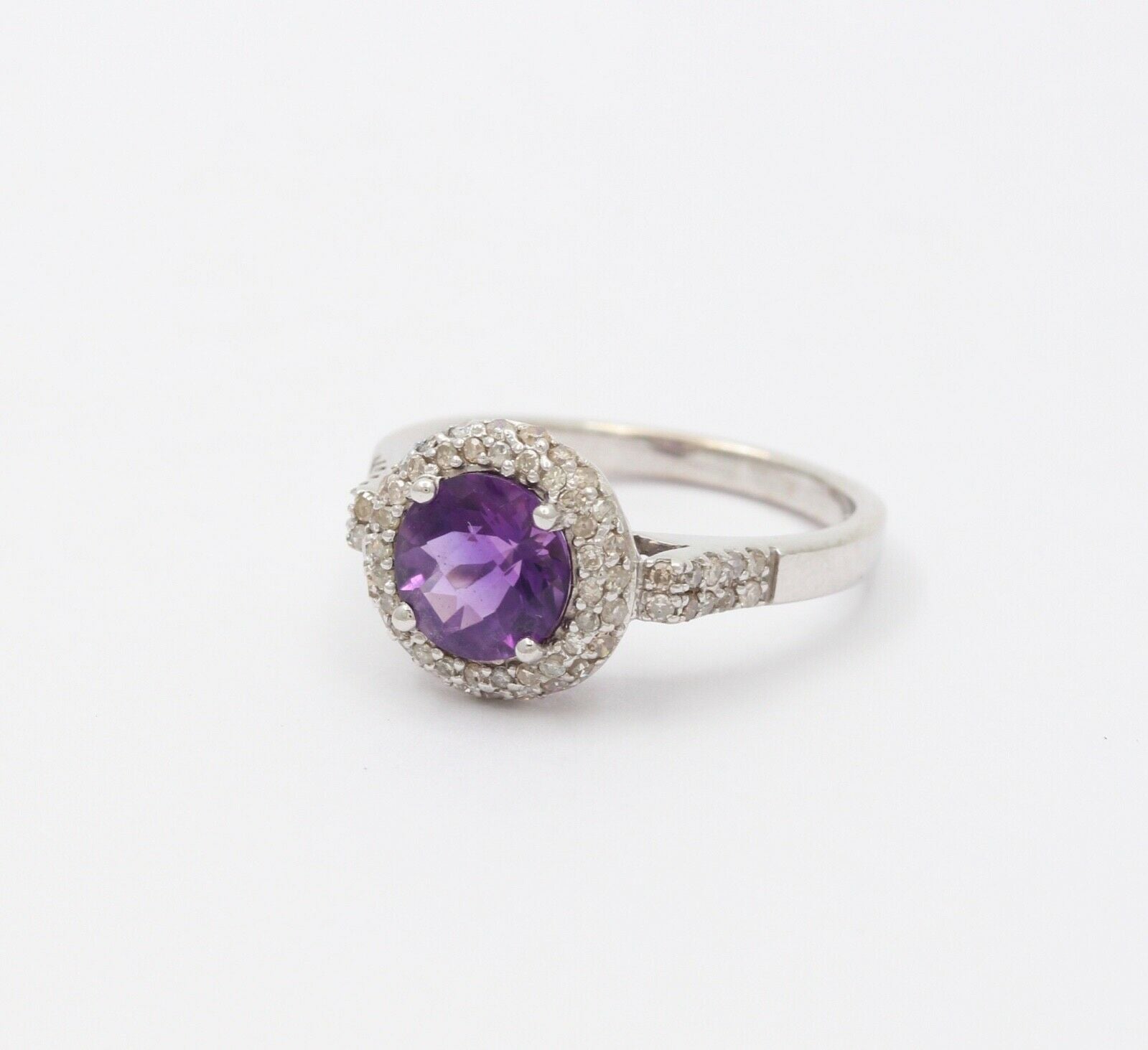 Vintage 14K White Gold Round Amethyst Diamond Halo Ring, Engagement Ring