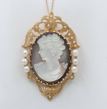 Load image into Gallery viewer, Vintage 14K Yellow Gold Carved Mother Of Pearl Cameo Brooch, Pin.
