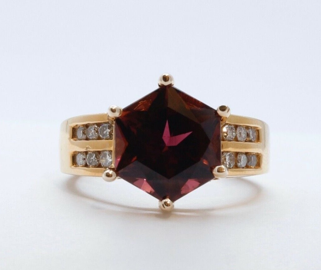 Large Pinkish Purple Hexagonal Cut Tourmaline Diamonds 14K YG Ring