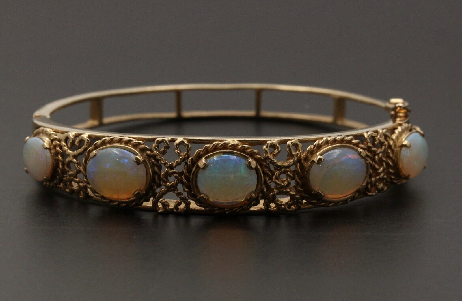 Vintage 14K Gold Rope Knot 5 Opal Bangle, Bracelet.