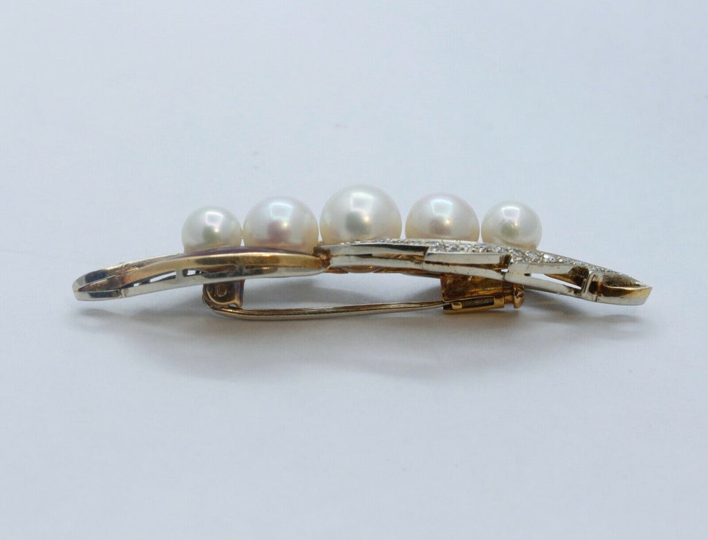 Unique Art Deco Diamonds Pearls Red Enamel 18K Yellow Gold Brooch Pin