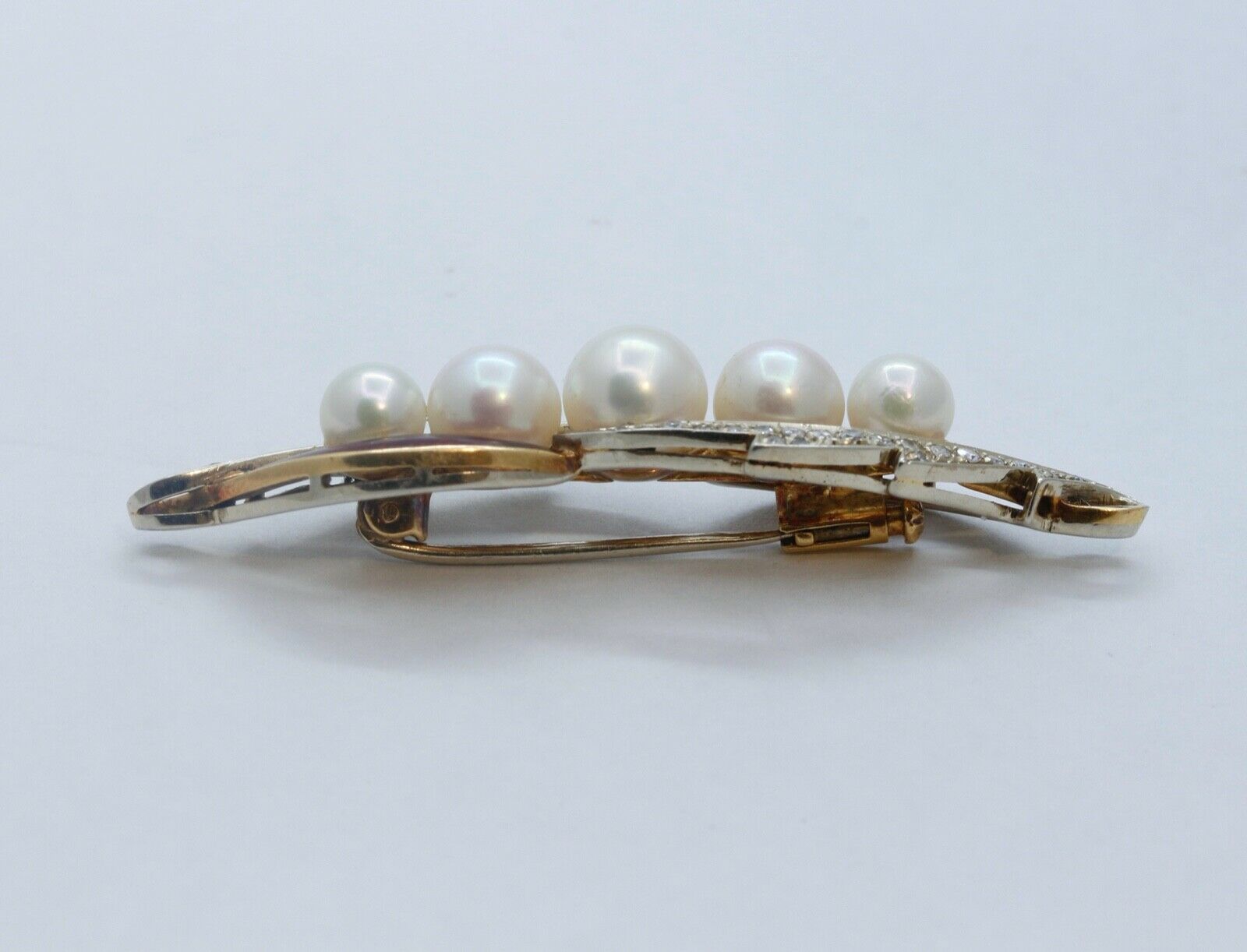 Unique Art Deco Diamonds Pearls Red Enamel 18K Yellow Gold Brooch Pin