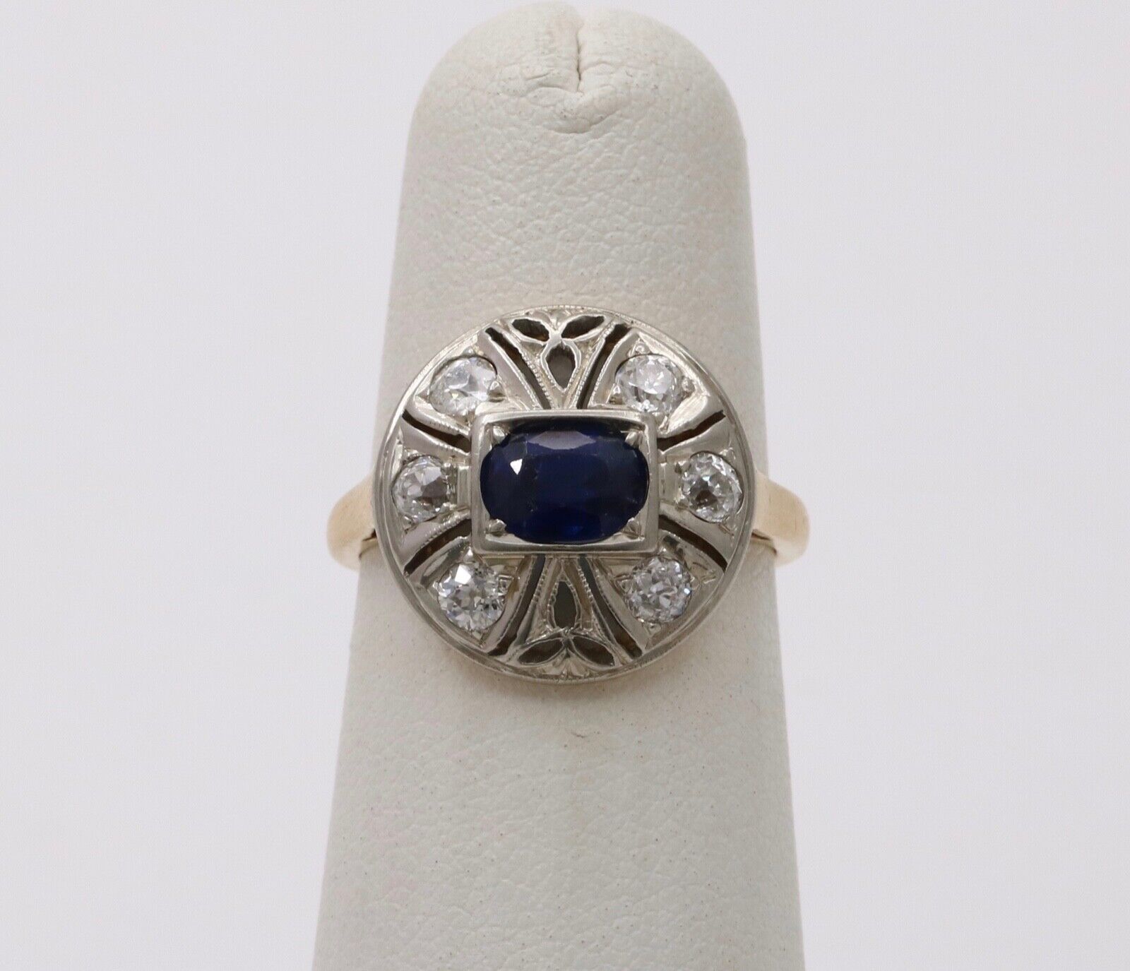 Art Deco Sapphire Diamond 14K White Yellow Gold Ring