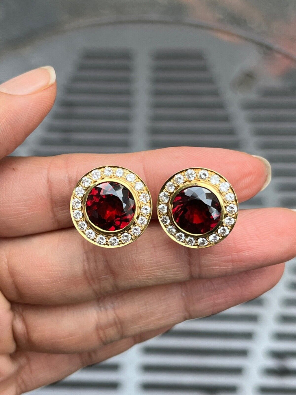 Vintage Rhodolite Garnet & Diamond Halo 18K Yellow Gold Earrings