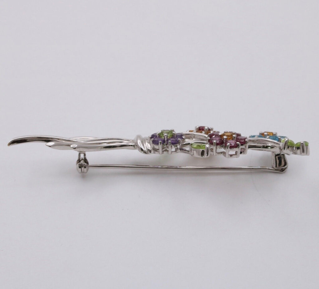 Vintage Flower Bouquet Multi Stone 14K White Gold Brooch