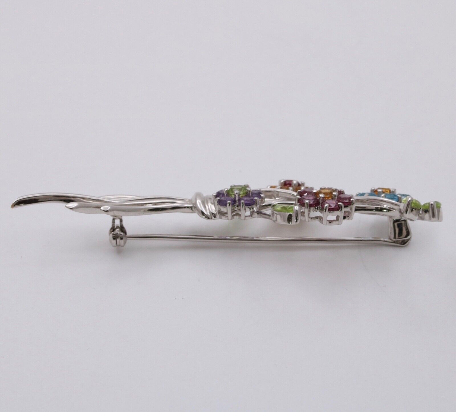 Vintage Flower Bouquet Multi Stone 14K White Gold Brooch