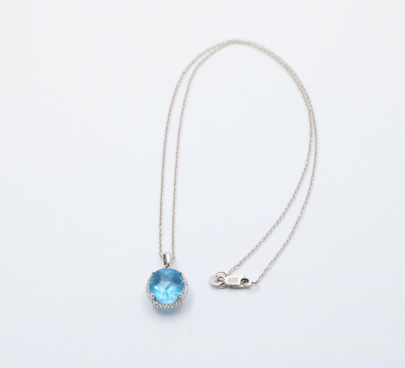 Classic 14K White Gold blue Topaz Diamond Halo Pendant Necklace.