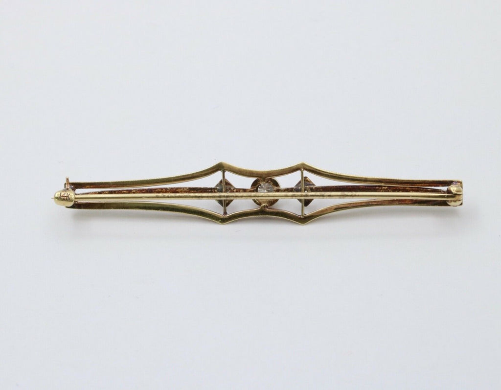 Antique Art Deco 14K Two Tone Gold Old Mine Cut Diamond Bar Pin.