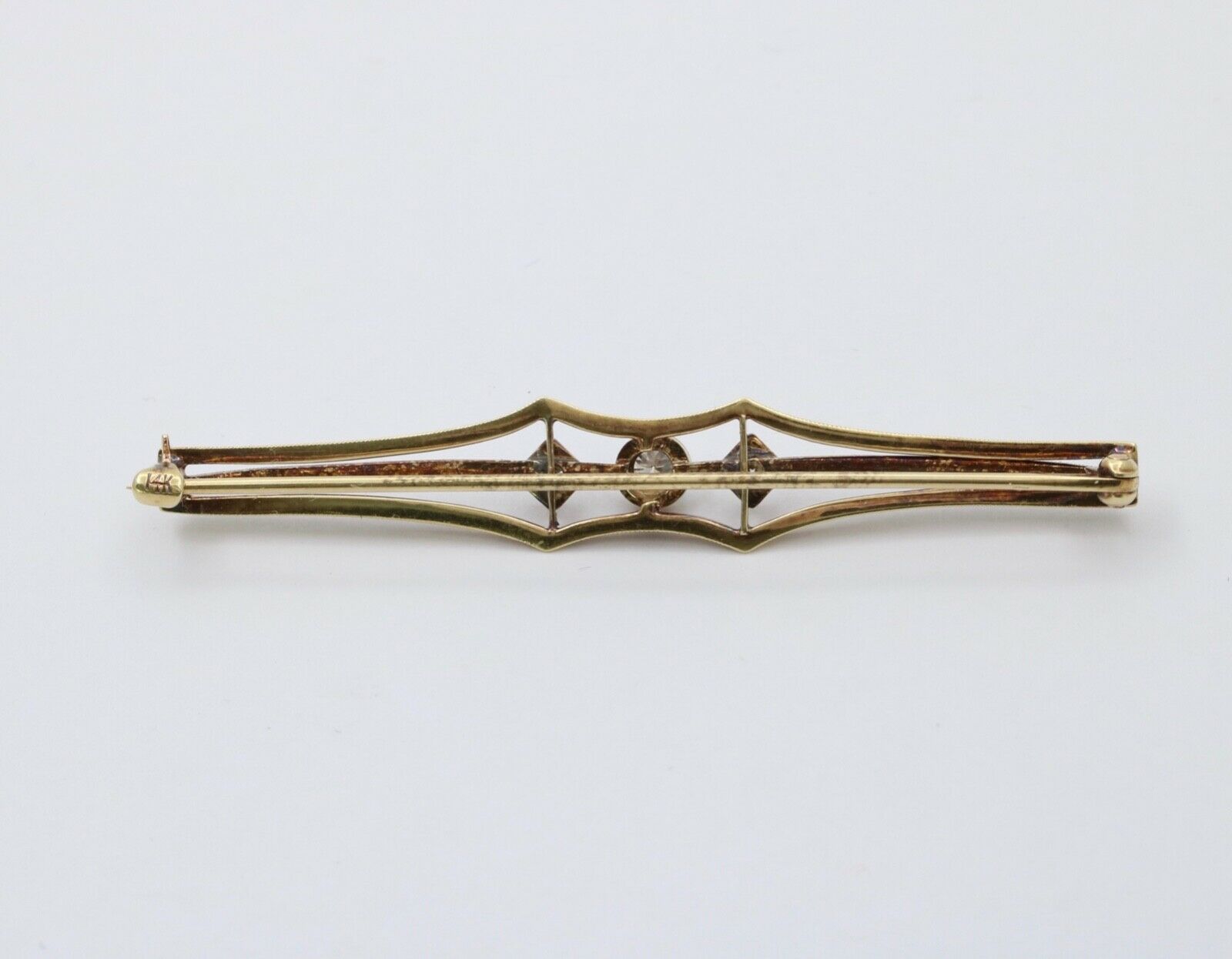 Antique Art Deco 14K Two Tone Gold Old Mine Cut Diamond Bar Pin.