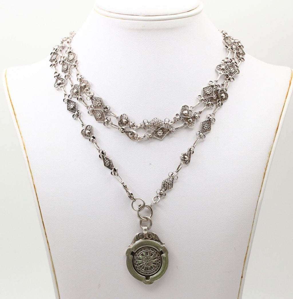 Vintage Sterling Silver French Style Filigree Chain And Darts Pendant Charm