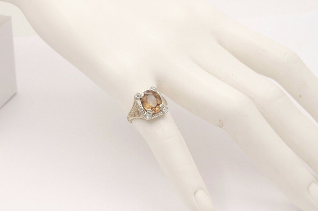 Art Deco Lemon Citrine Diamonds 14K Yellow White Gold Ring