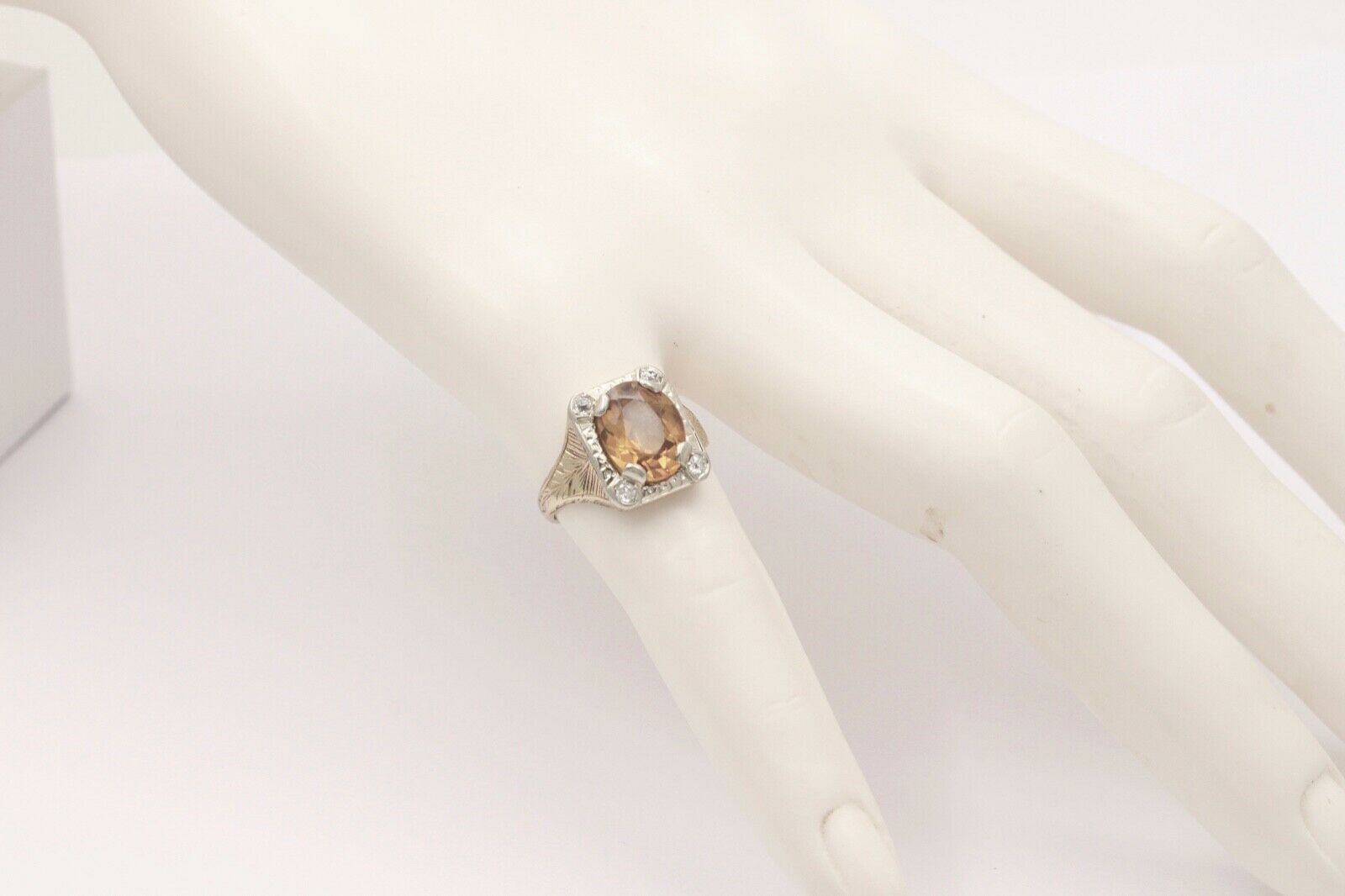 Art Deco Lemon Citrine Diamonds 14K Yellow White Gold Ring