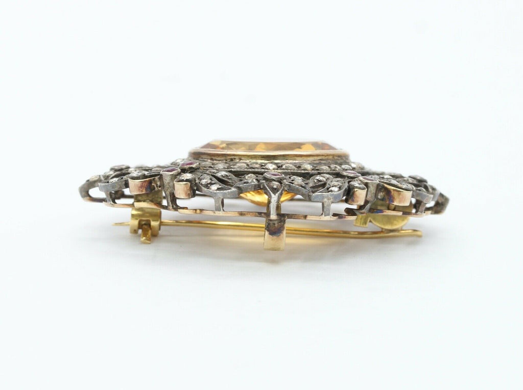 Victorian Revival 18K 14K 925 Citrine Diamonds Rubies Brooch Pendant