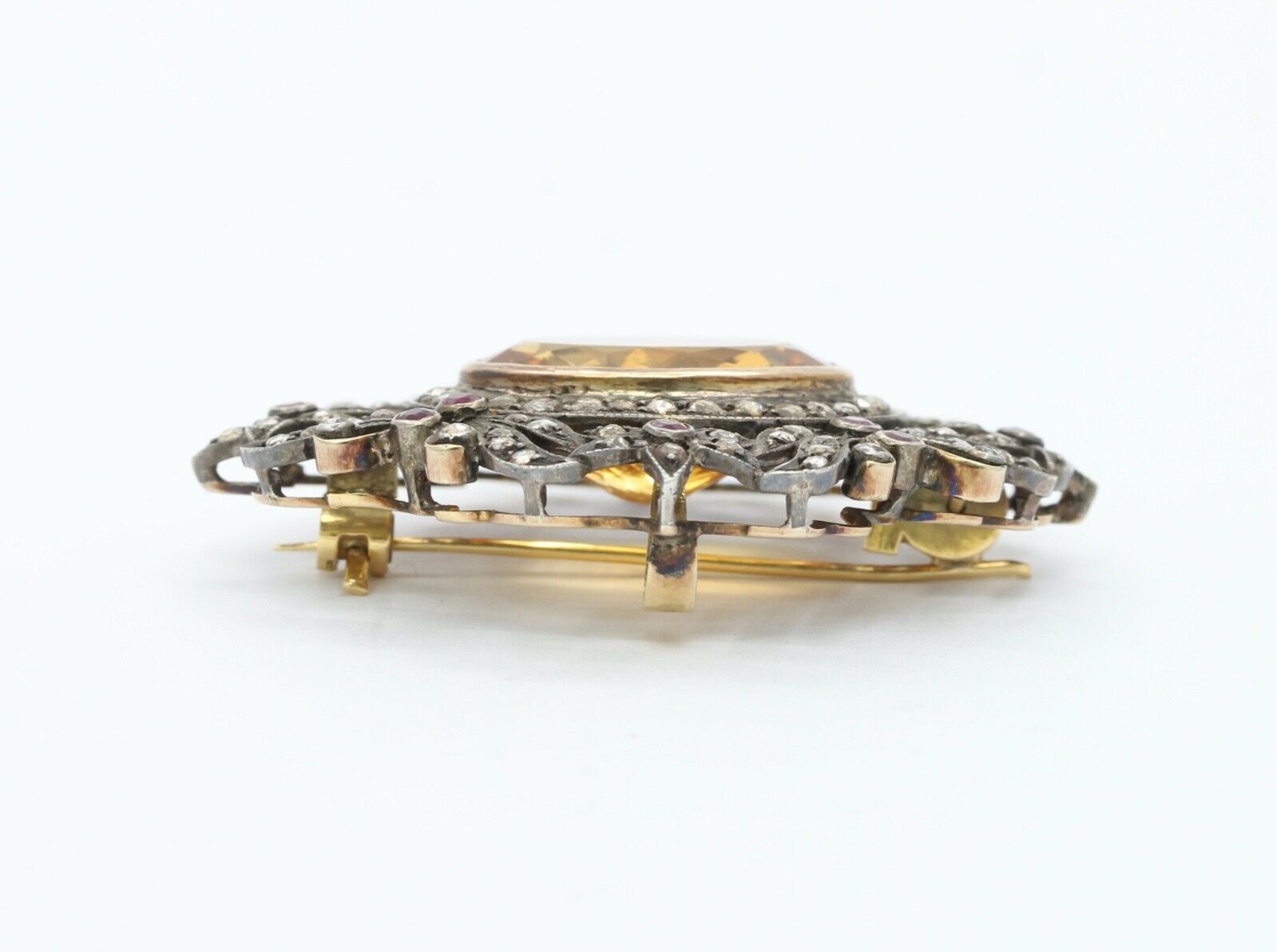 Victorian Revival 18K 14K 925 Citrine Diamonds Rubies Brooch Pendant