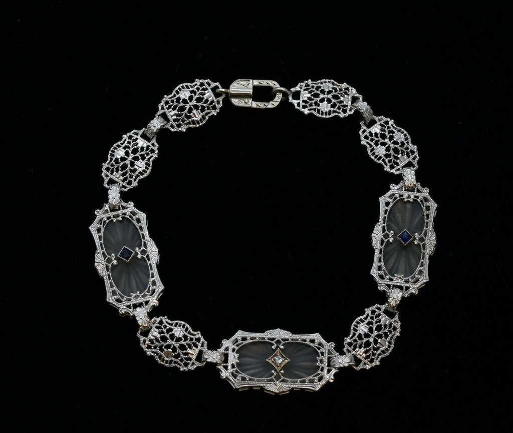 Art Deco Sapphires Diamonds Art Glass 14K White Gold Filagree Bracelet