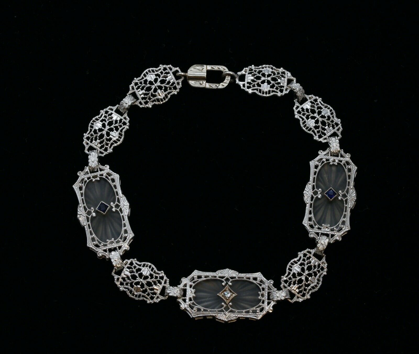 Art Deco Sapphires Diamonds Art Glass 14K White Gold Filagree Bracelet