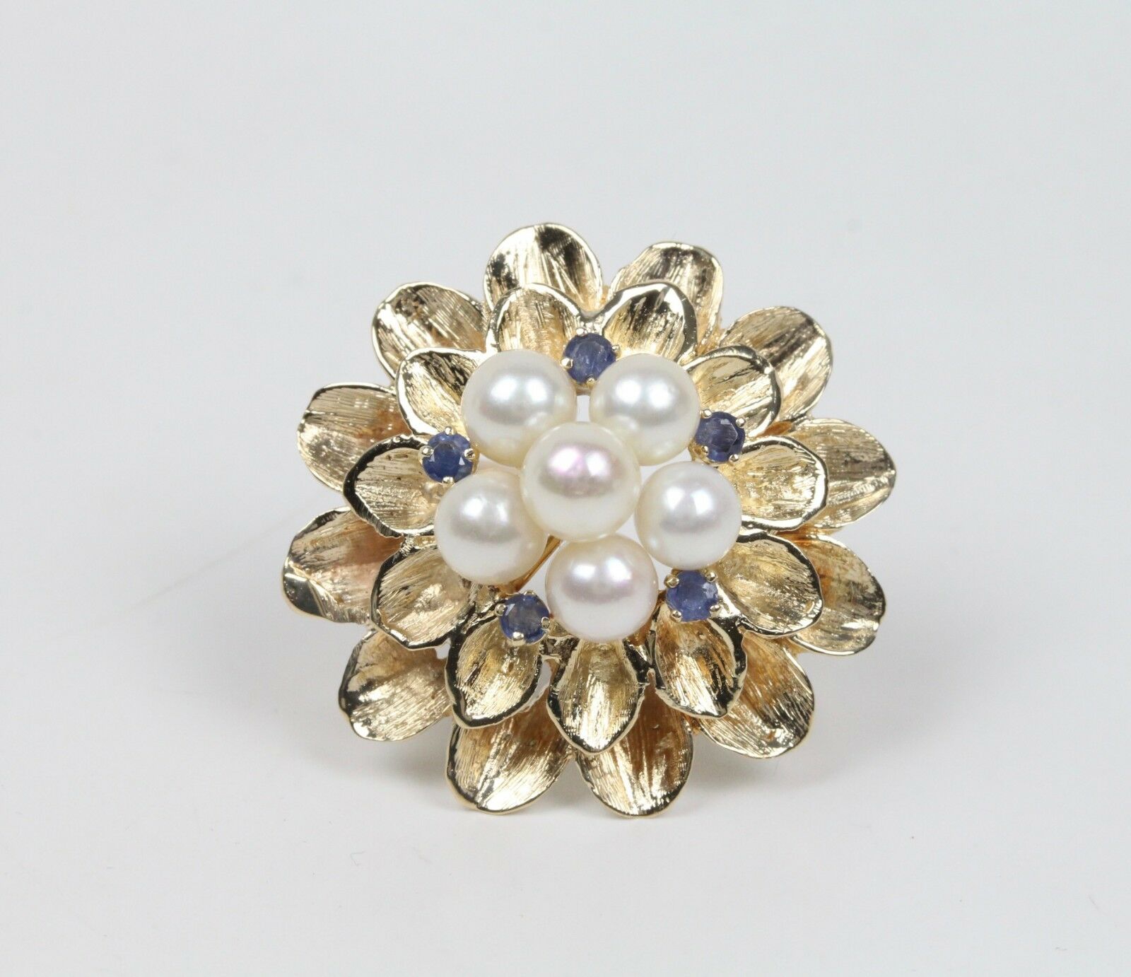 Vintage 14K Yellow Gold Pearl Sapphire Floral Brooch