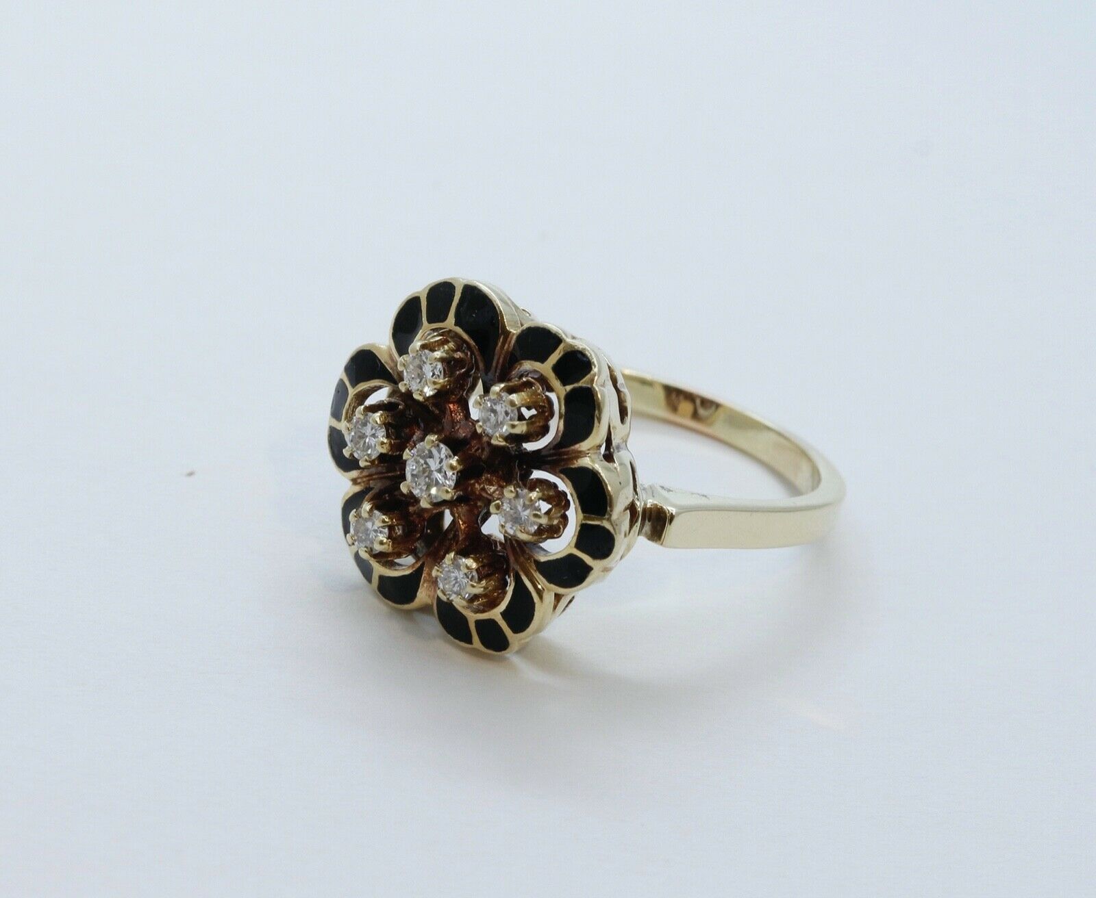 Victorian Diamonds 14K Yellow Gold Black Enamel Ring