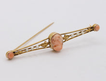 Load image into Gallery viewer, Antique Ladies 14K Yellow Gold Carved Coral Pearls Brooch Pin
