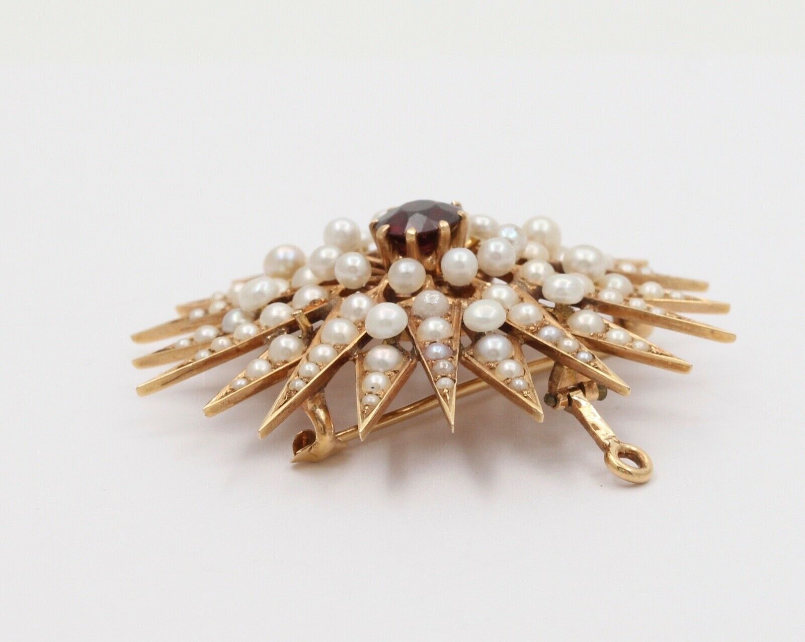 Victorian Starburst 14K Yellow Gold Garnet Seed Pearls Pendant Brooch Pin