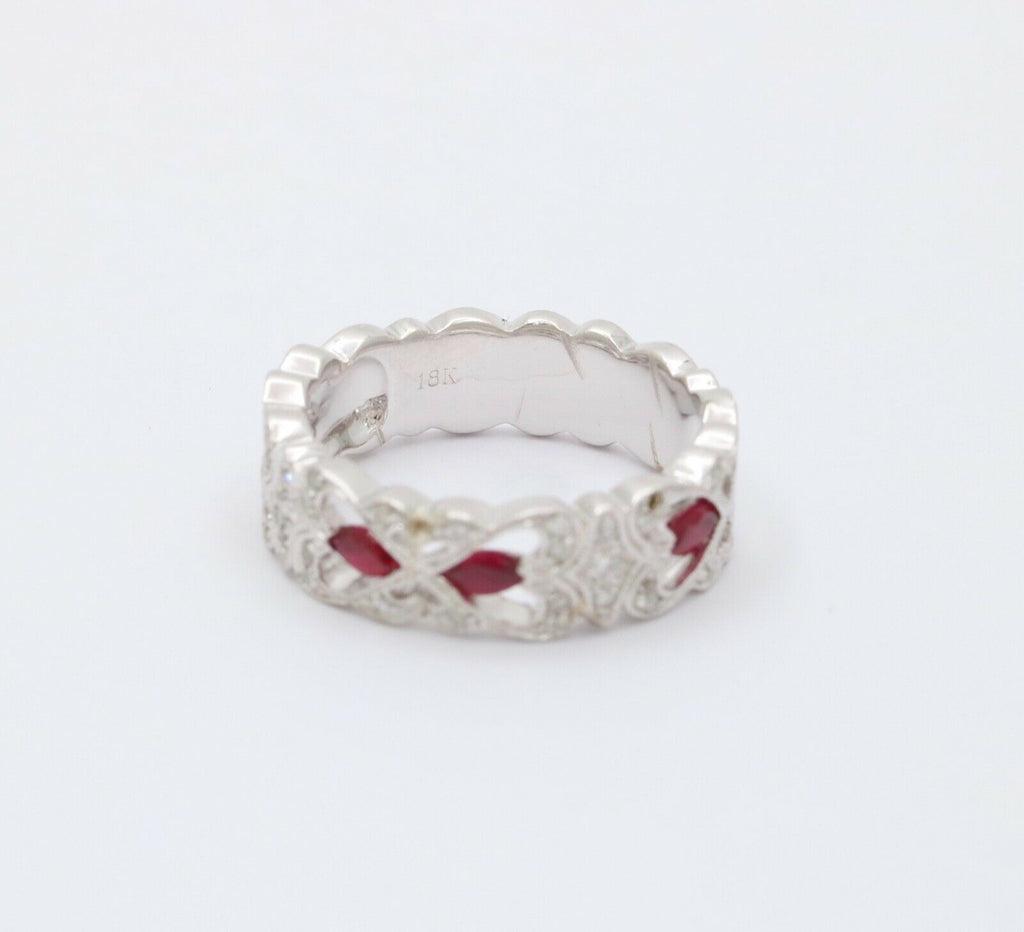Vintage 18K White Gold Ruby & Diamond Half Eternity Heart Band Ring