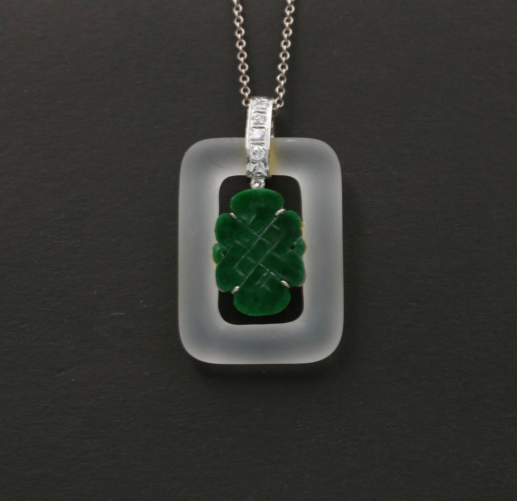 Vintage Jade Crystal Diamonds 18K White Gold Pendant