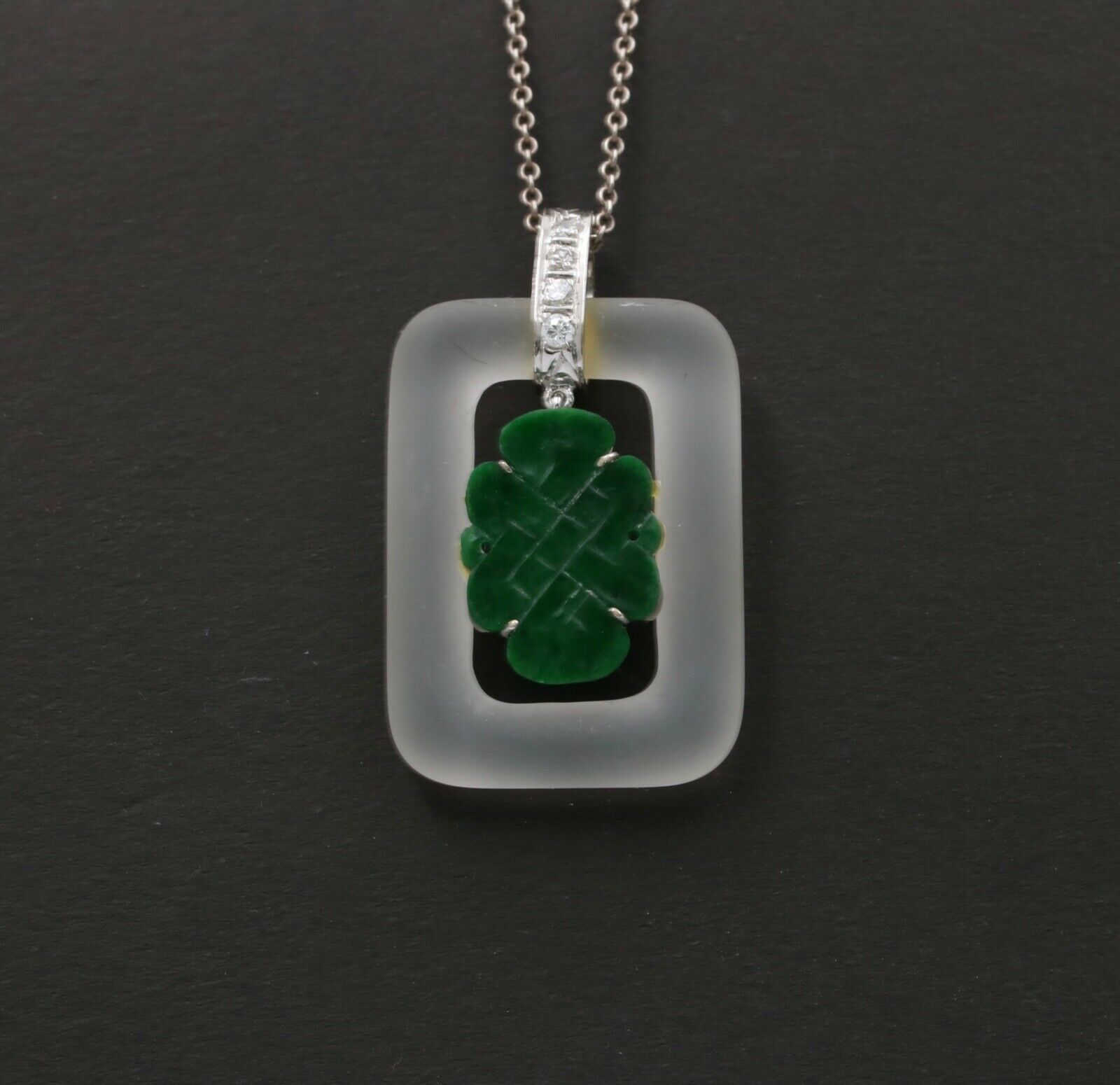 Vintage Jade Crystal Diamonds 18K White Gold Pendant