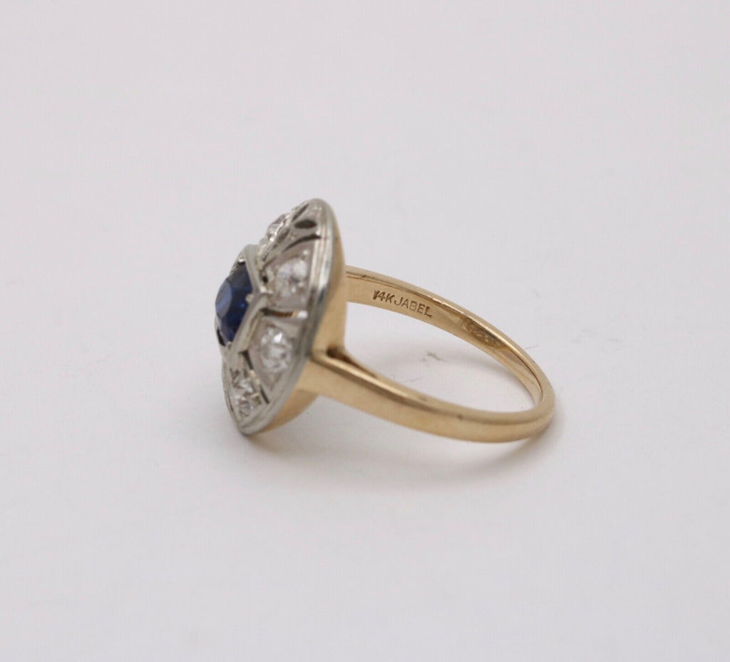 Art Deco Sapphire Diamond 14K White Yellow Gold Ring