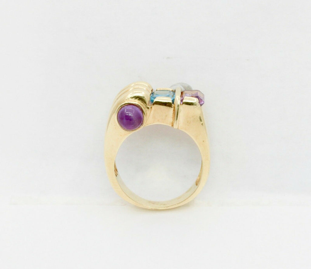 Vintage 14K Yellow Gold Abstract Scroll Blue Topaz & Amethyst Ring