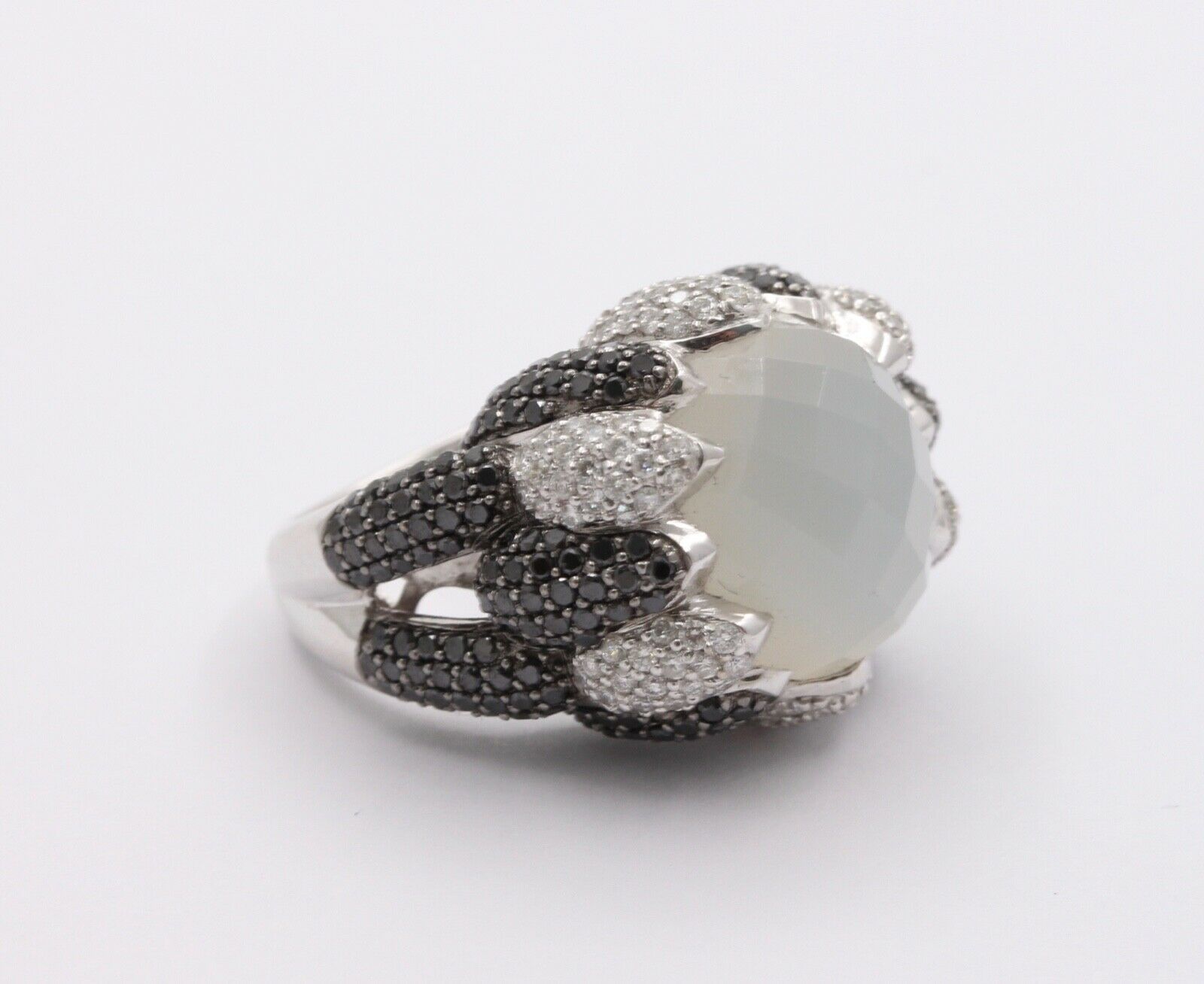 Vintage Milky Quartz White Black Diamonds 18K White Gold Cluster Ring