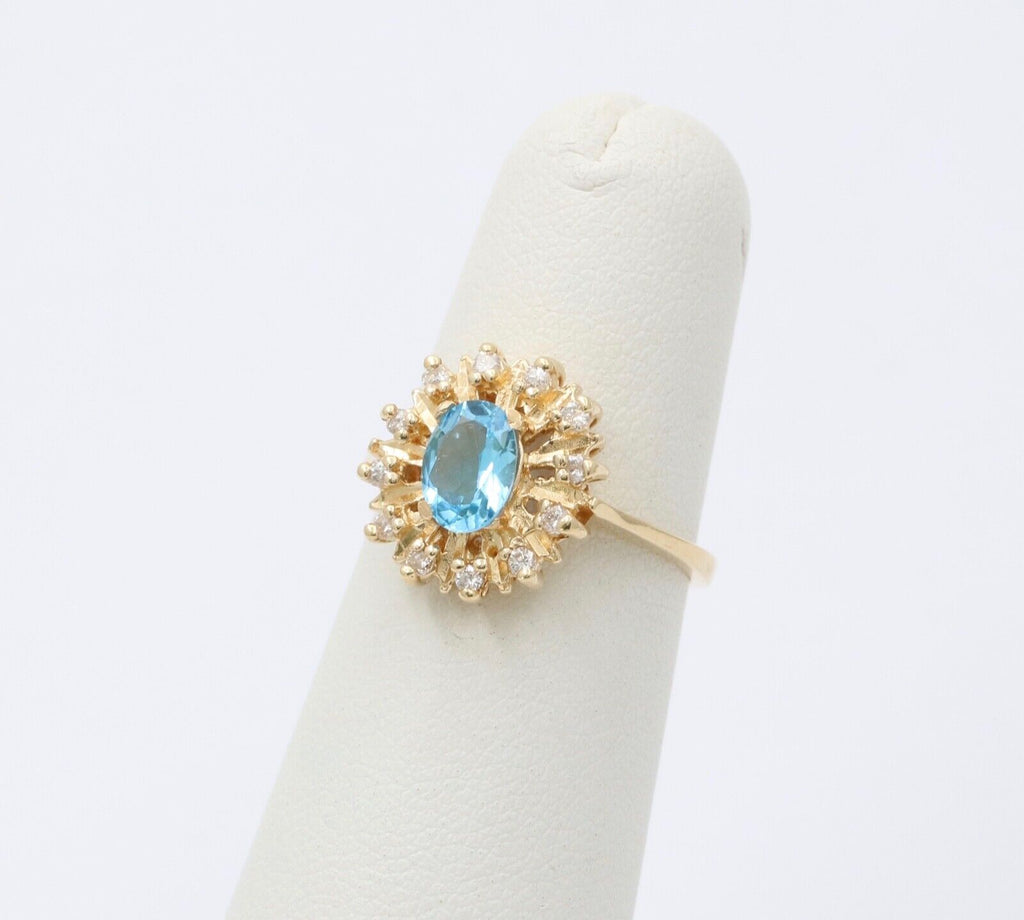 Vintage Blue Topaz Diamonds 14K Yellow Gold Cocktail Ring