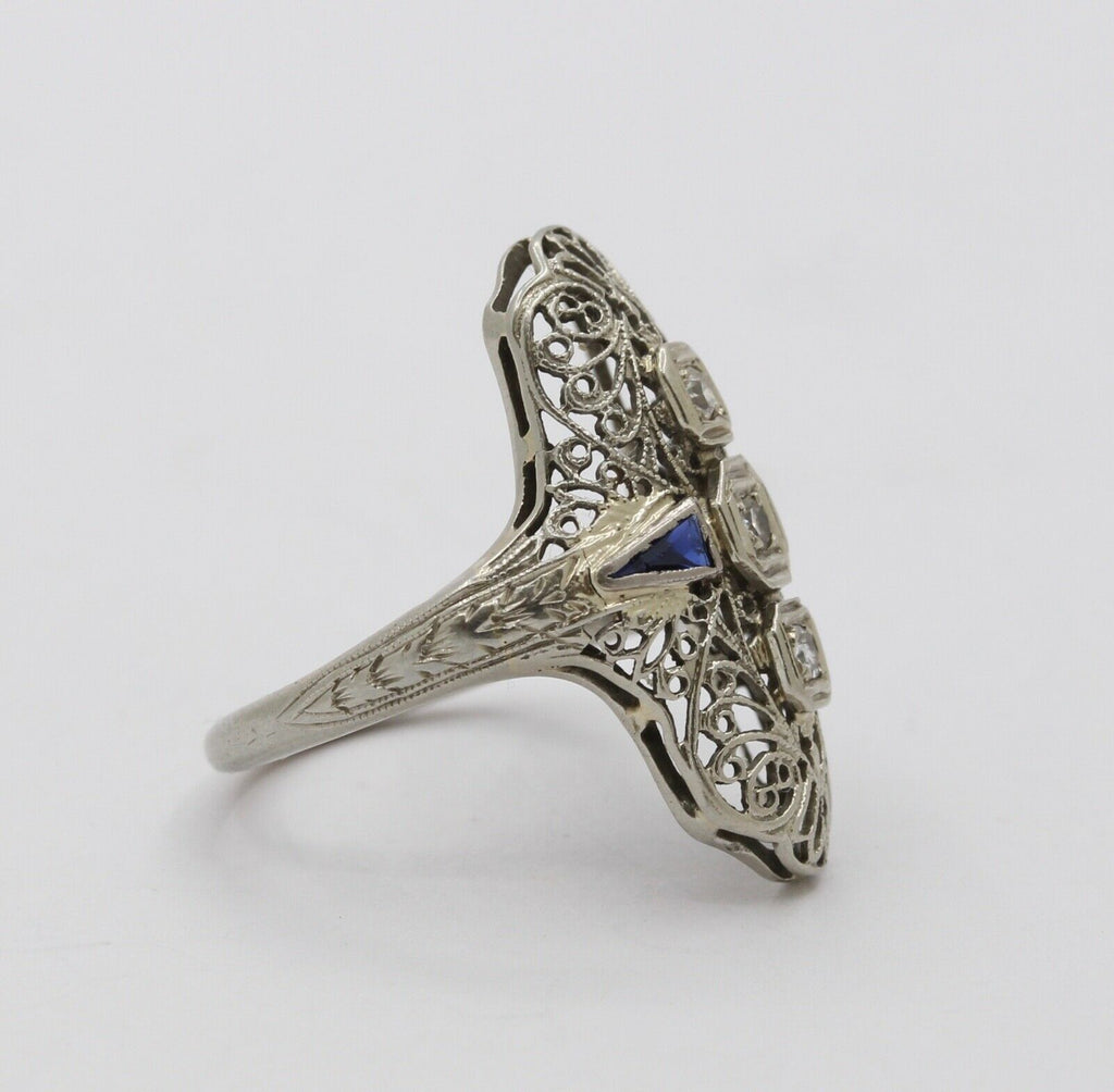 Art Deco 18K White Gold Diamonds Sapphires Ring