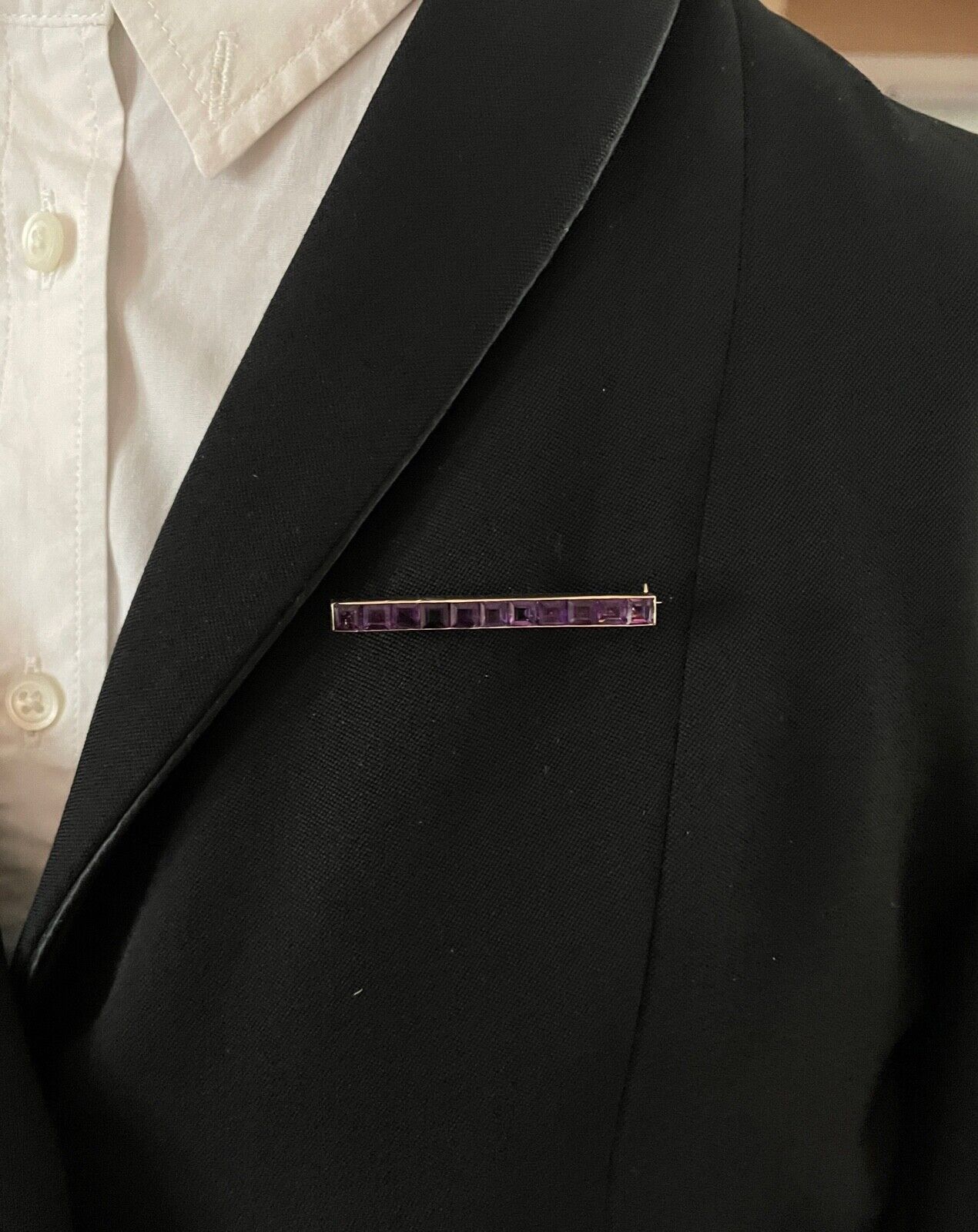 Victorian Emerald Cut Amethyst 14K Yellow Gold Bar Pin Brooch