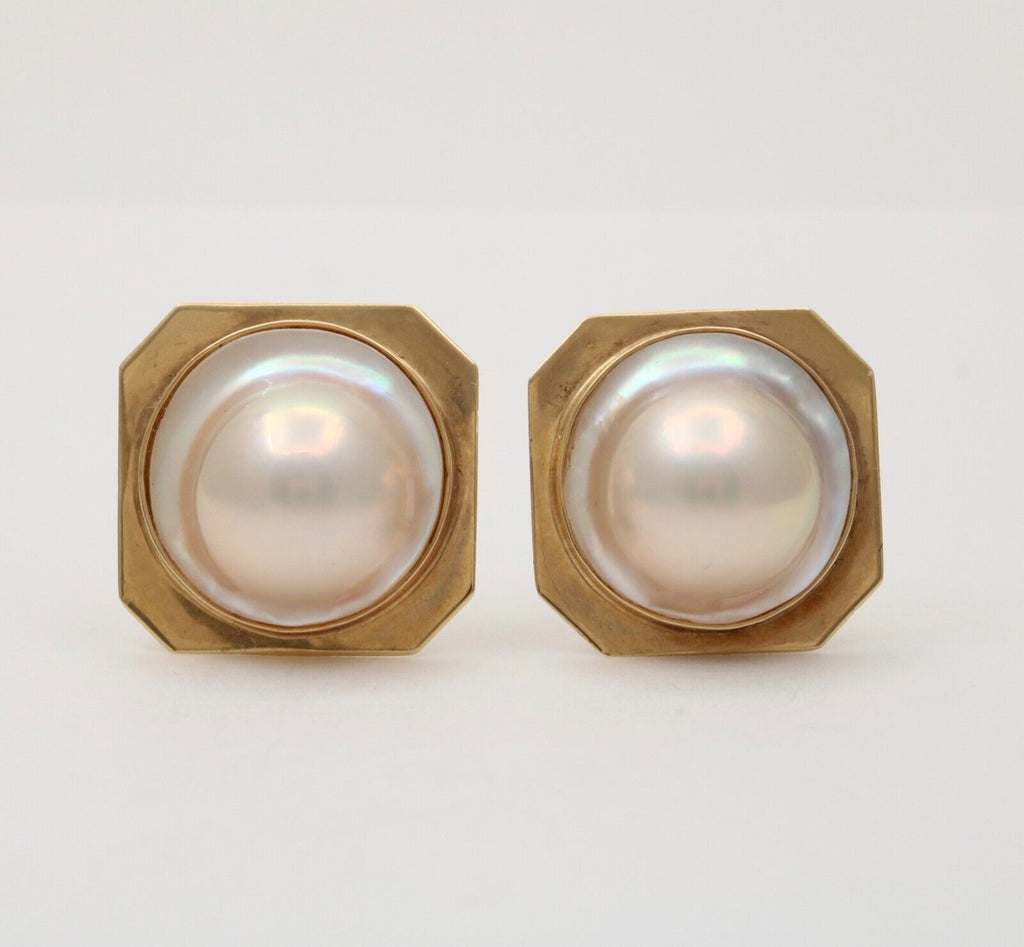 Vintage 14K Gold Large 25mm Mabe Pearl Clip On Earrings