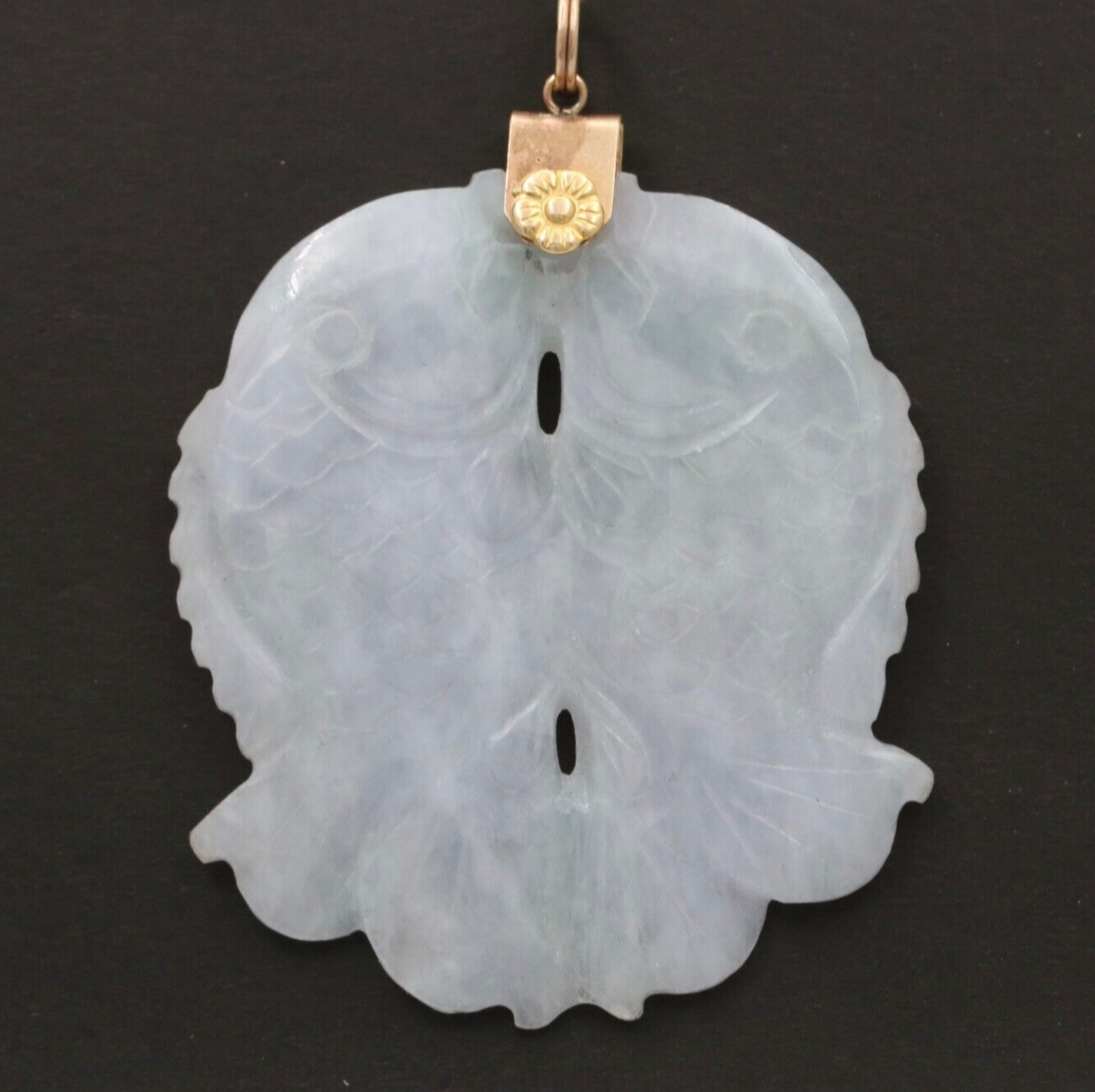 Vintage 10K Yellow Gold Jade Two Carps Good Luck Pendant Charm