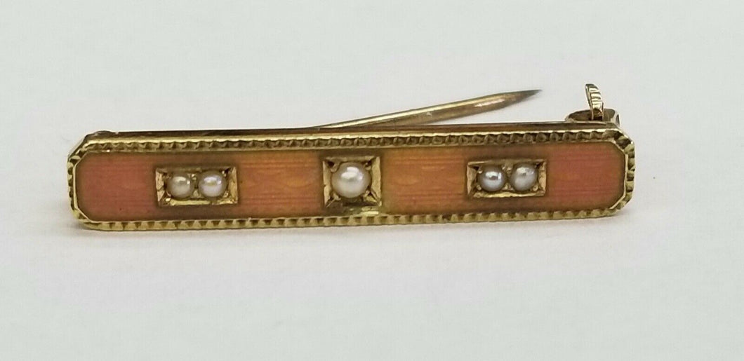 Art Deco Seed Pearls Enamel 14K Yellow Gold Gold Bar Pin