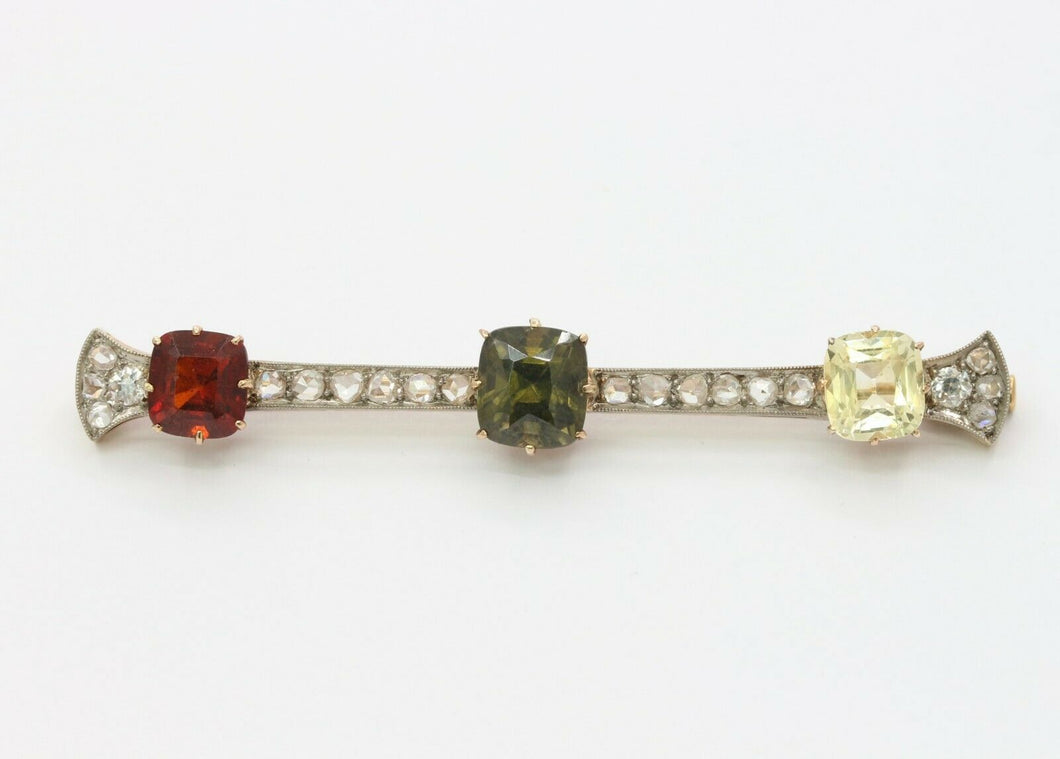 Edwardian 18K Yellow Gold Multi Colored Garnet Rose Cut Diamond Brooch